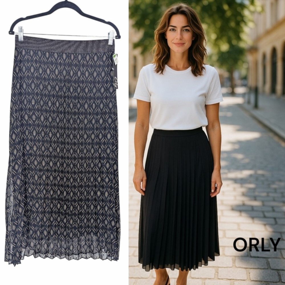 ORLY Polka Dot Overlay Pleated Midi Skirt NWT Sz M
